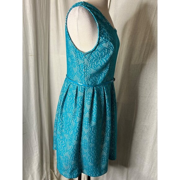 George Women's Teal Lace Dress With Belt  Size L Midi Summer - Picture 11 of 13